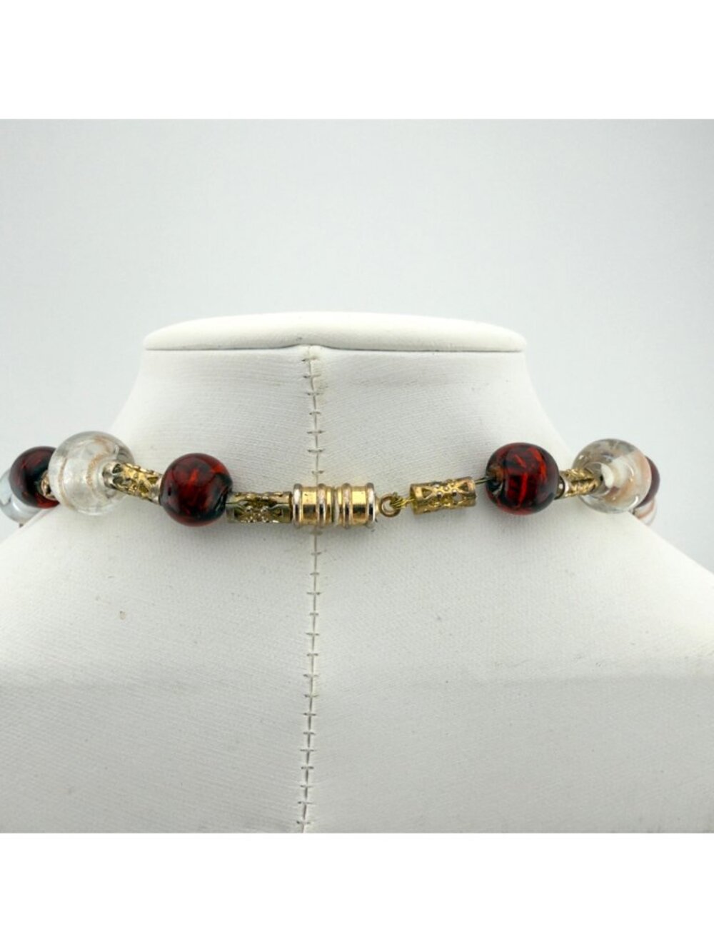 Art Glass Bead Necklace Studio Handmade Red Clear Gold Foil 20” - Picture 7 of 9